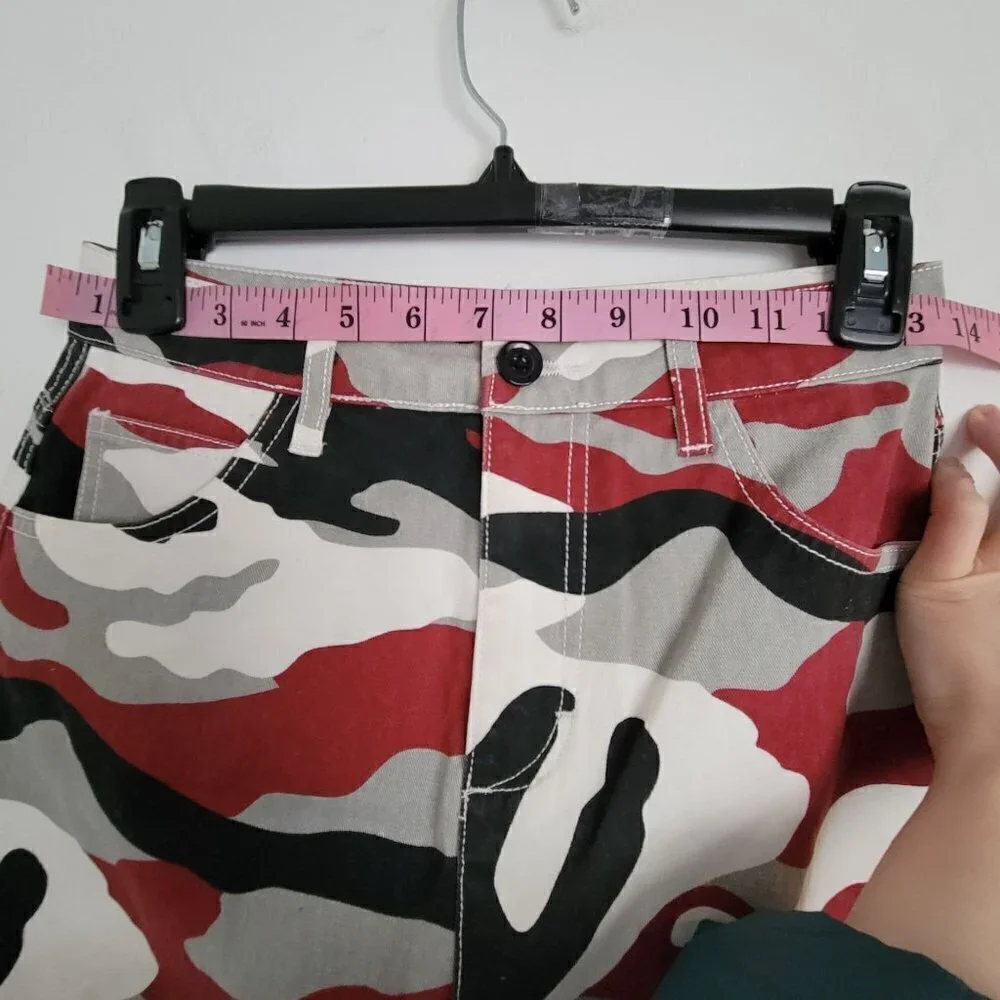 Forever 21 Red Black White Army Camouflage Mini Denim Jean Skirt Size Small